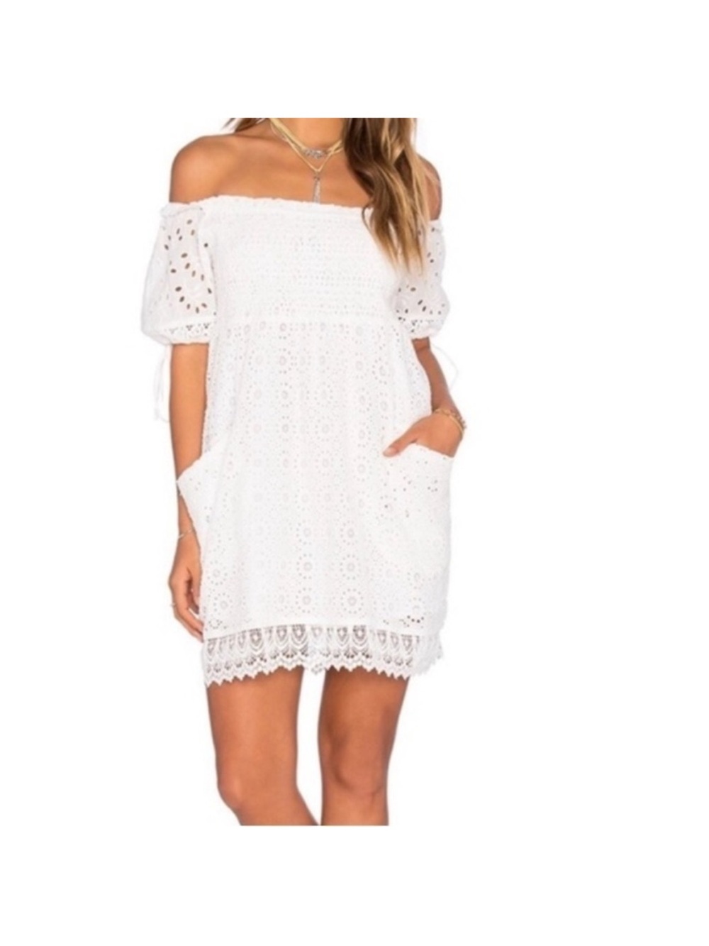 Tularosa White Off Shoulder Eyelet Lace Mini Dress Size small runs small